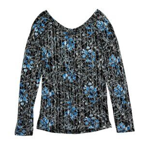 Free People Sheer Floral Scoop Neck Long Sleeve Tshirt Black‎ Blue M Y2K Grunge